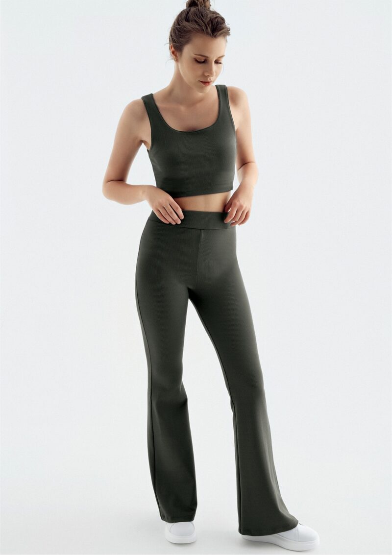High-Waisted Flared Ribbed Leggings Khaki - imagine 2