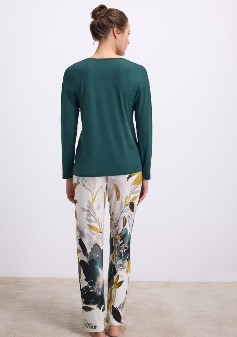 Women’s Winter Pajamas – Green Top Floral Pants - imagine 3